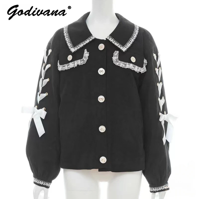 

Autumn and Winter New Lace Band Bow Mine Mass-Produced Plus Cotton Jacket Japanese Style Women's SC Short Coat Button Outwear