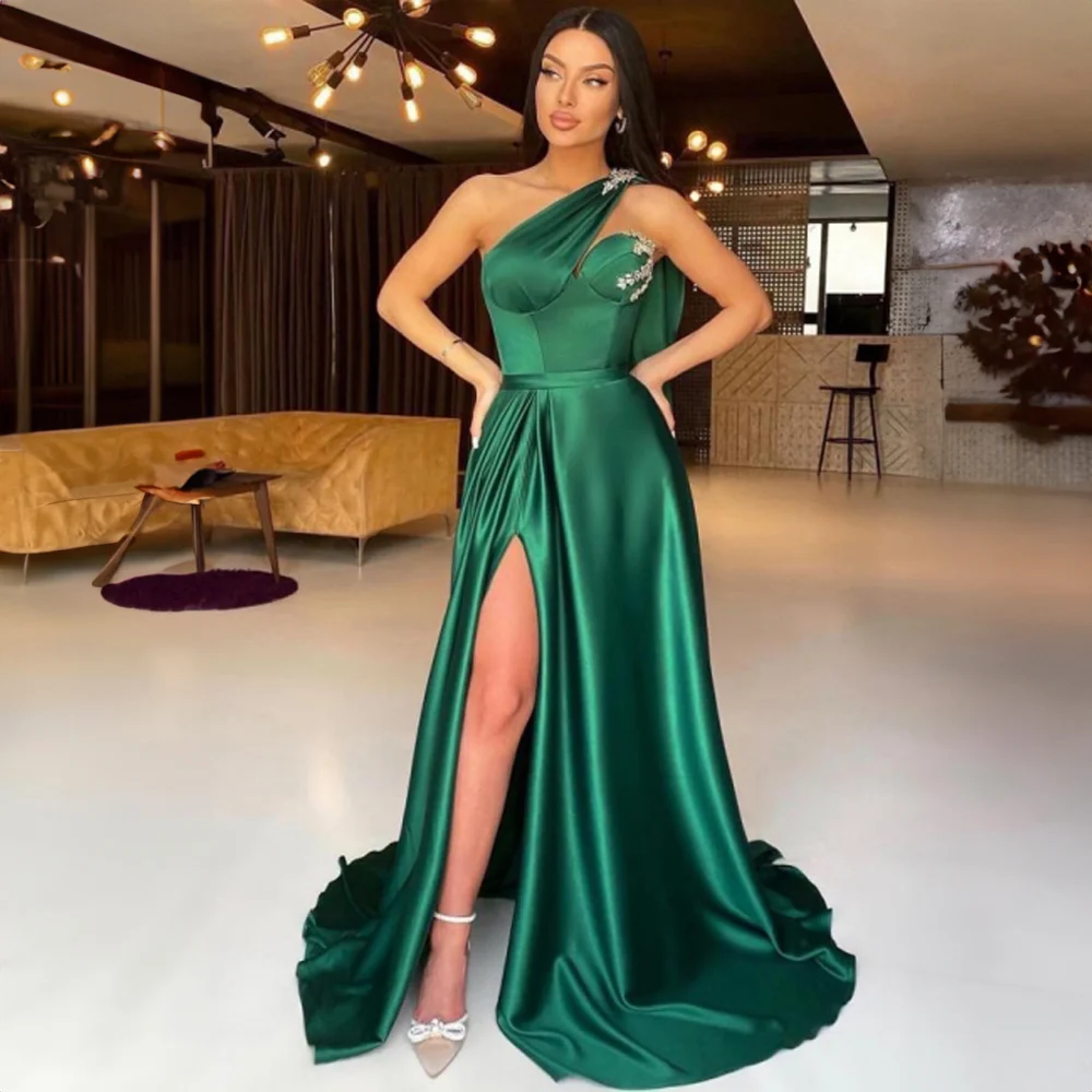 

Elegant One Shoulder Satin Evening Dress for Women Side High Split Beaded Crystal Evening Gown Floor-Length Court فساتين طويلة