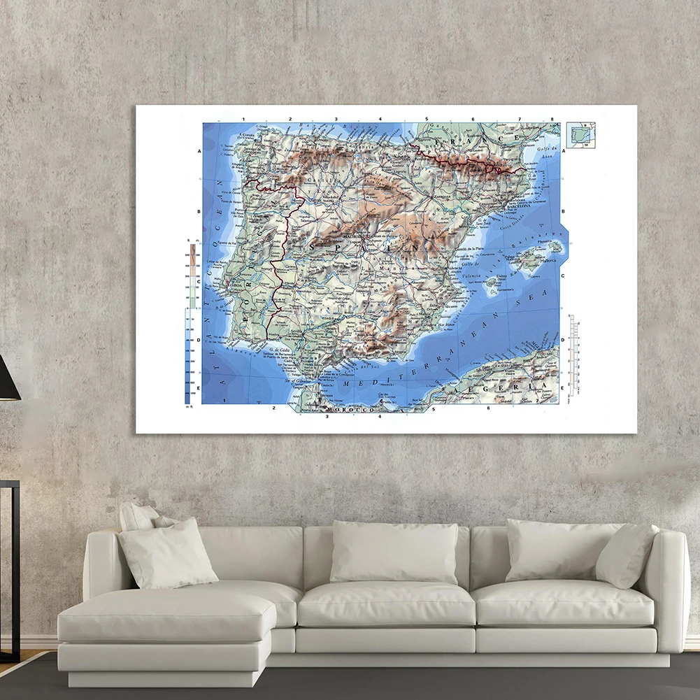 The Spain Terrain Elevation Map In Spanish Non-woven Canvas Painting Wall Art Poster Home Decor School Supplies 225*150cm