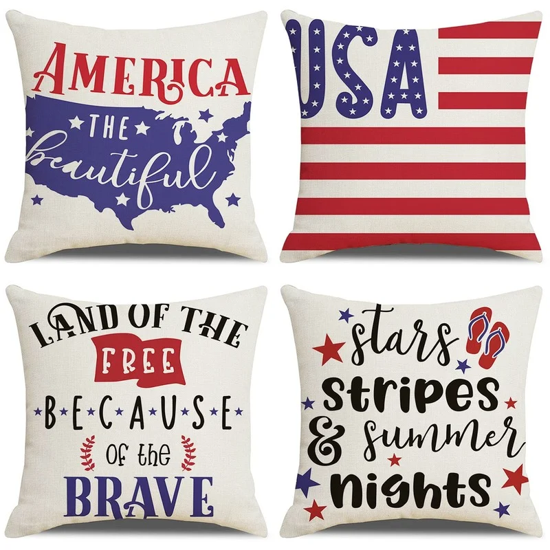 

4th of July USA Independence Day Decorations Gifts Home Decor Cushion Cover 45x45cm Linen Pillow Cover Letter Stripe Pillow Case