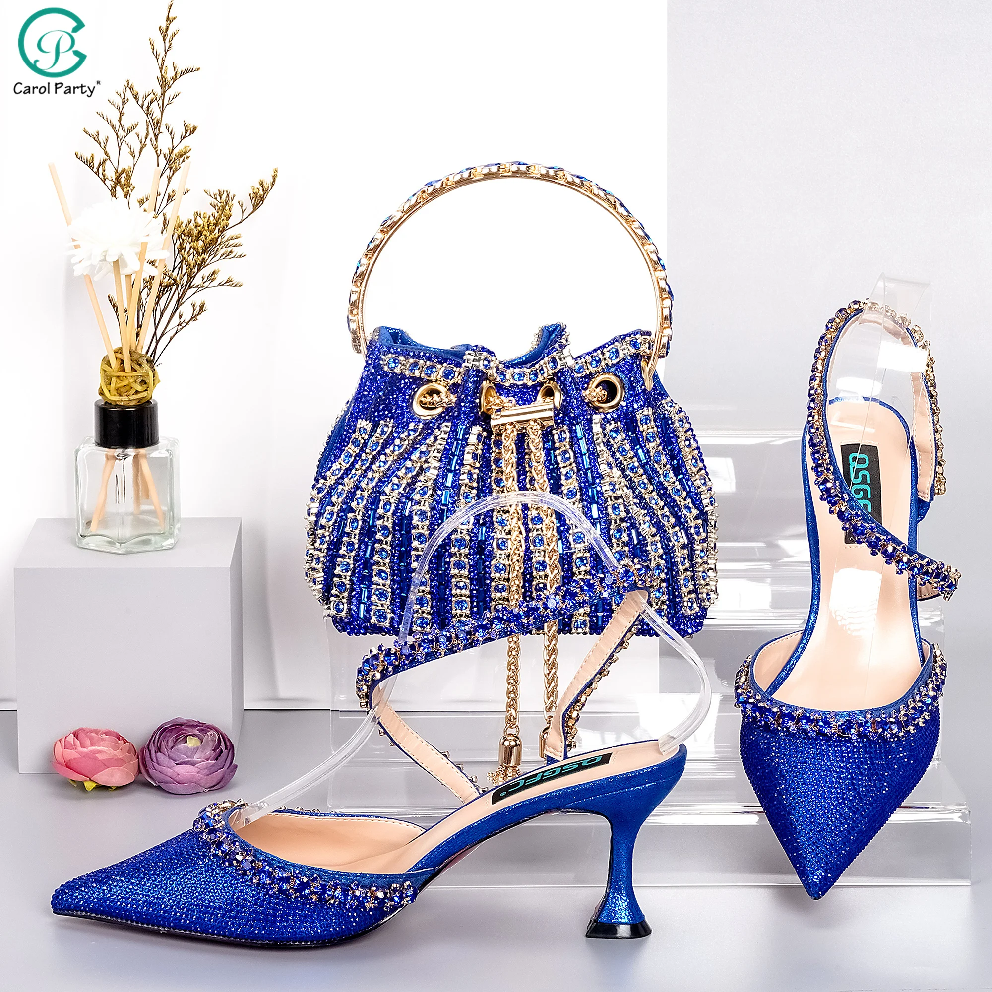 

QSGFC Women's Blue High Heels New Featured Wedding Dress Belt Water Diamond Metal Inlaid Sandals Bag Set, Free Delivery