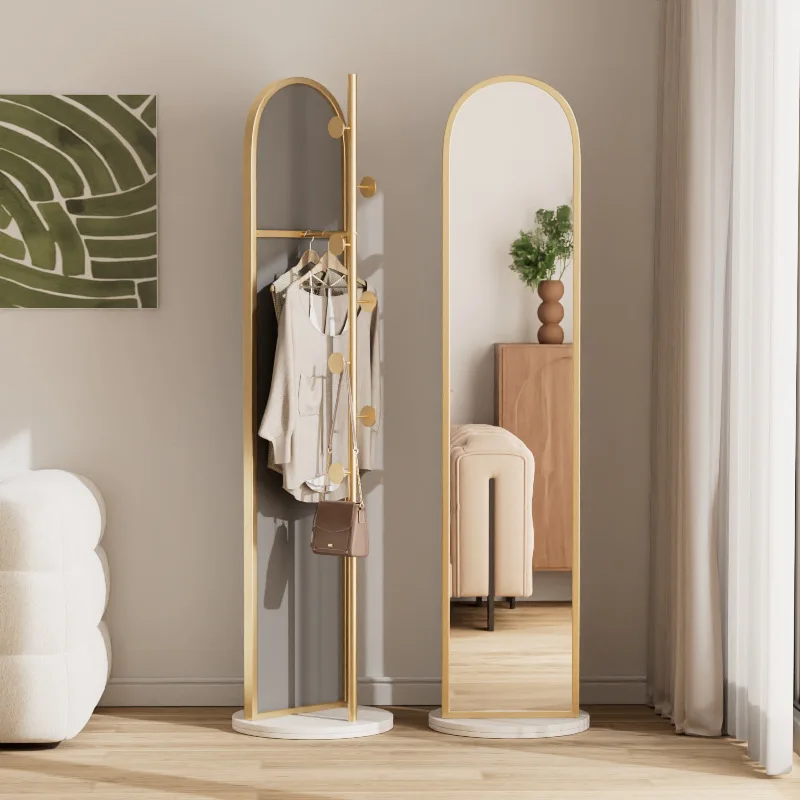 

Cream Style Floor Clothes Rack Dressing Mirror Integrated Household Minimalist Rotatable Multifunctional Mirror Stone Plate Base