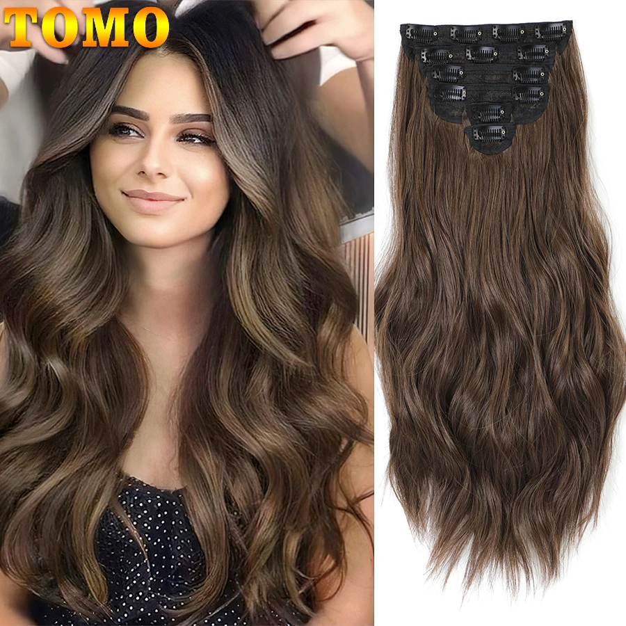 

TOMO 20 Inch Wavy Curly Full Head Clip in on Double Weft Hair Extensions 6Pcs 13 Clips in Synthetic Hairpieces Brown Mix Black