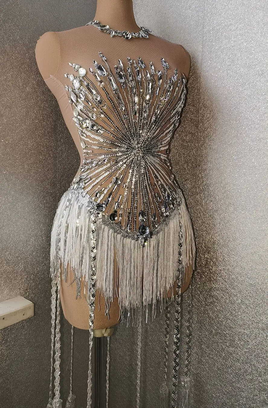 

Glisten Crystals Sequins Fringes Transparent Bodysuit Dress Women Dancer Show Outfit Birthday Celebrate Evening Costume