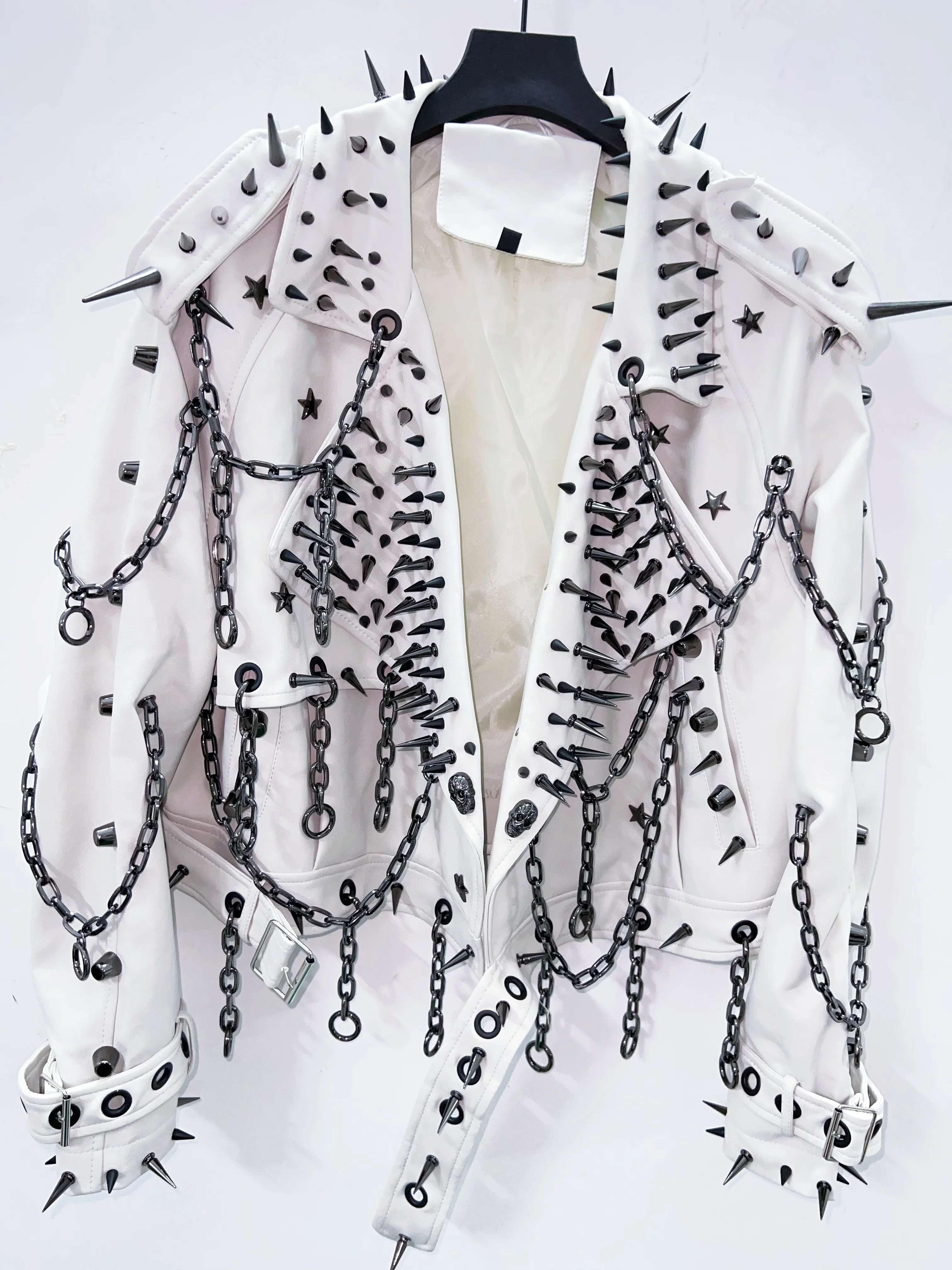Spikey Chain White Faux Leather Jacket 5