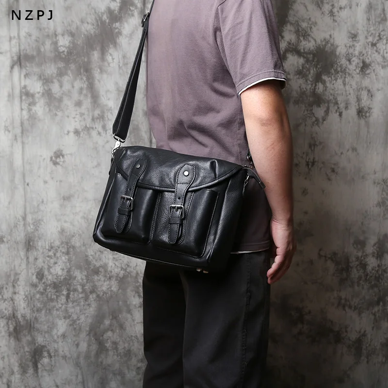 NZPJ Genuine Leather Men's Shoulder Bag Natural Cowhide Crossbody Bag Casual File Bag Commuter Postman Bag For 11 Inch Tablets