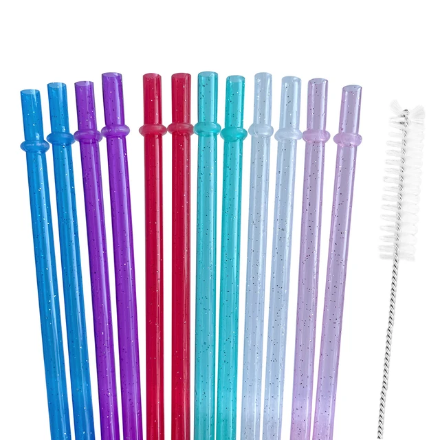 Reusable Clear Plastic Glitter Straws With Brush, Long Hard