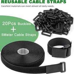 Adjustable Nylon Cinch Straps - 5m with 20 Reusable Buckles - Width 16mm (Black 5M 20Pc Buckle)