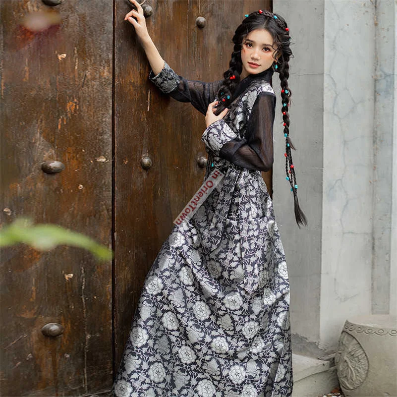 Tibetan Clothing Mix French Style Girl Jacquard Bola Dress Travel Photography Costume Tibet Ethnic Guozhuang Long Robe Lady