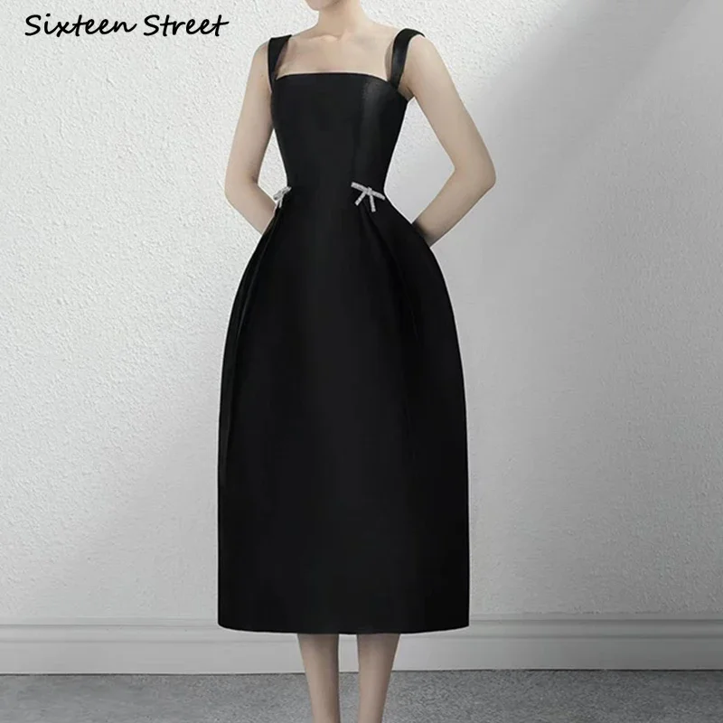 

Black Elegant Ball Dress Women Summer Diamond Bow Sleeveless Strap Dresses Women Evening Party High Waisted Vintage Vestido