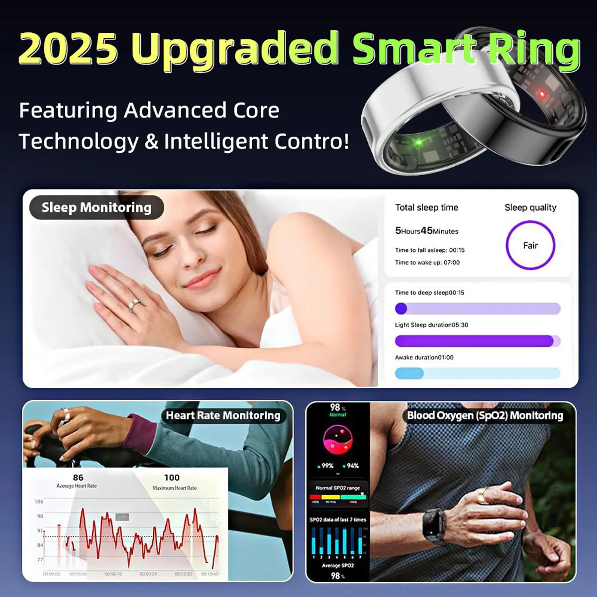 Waterproof Bluetooth Smart Ring for Heart Rate Oxygen Monitoring