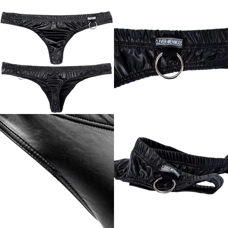 Mens Sexy PU Elastic Thong Penis Bag Panties Metal Ring Decor Underwear Men G-String Sissy Bikini male underwear