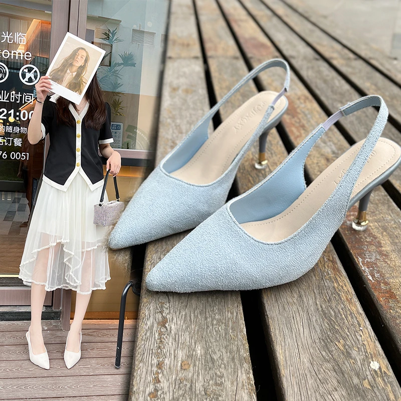 

Heels for Women Spring New Pure Color Women's Shoes French Pointed Sandals Thin Heel Low (6cm-8cm) Shallow Mouth Single Shoes