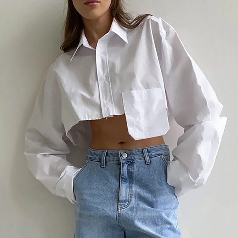 

Fashion Asymmetric Splicing Pocket Short Tops White Shirt Women 2023 Autumn New Sexy Exposed Navel Blouse Casual Clothing 28626