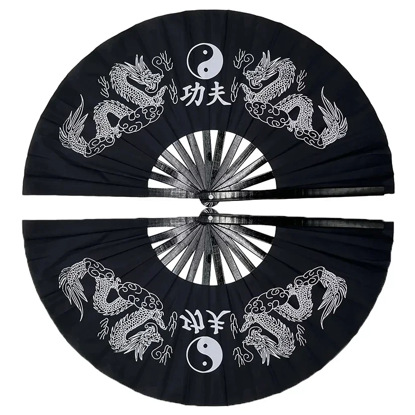 Kun Master Tai Chi Fan Kung Fu Taiji Fan Bamboo Martial Arts Double Printed Double Dragon Multicolor, tai chi fan