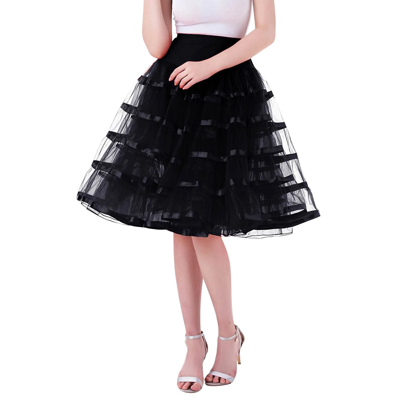 

Women High Waist Tulle Pettiskirt Pleated Short Skirt Mesh Ribbon Patchwork Knee Length Skirts Adult Tutu Carnival Dancing Skirt