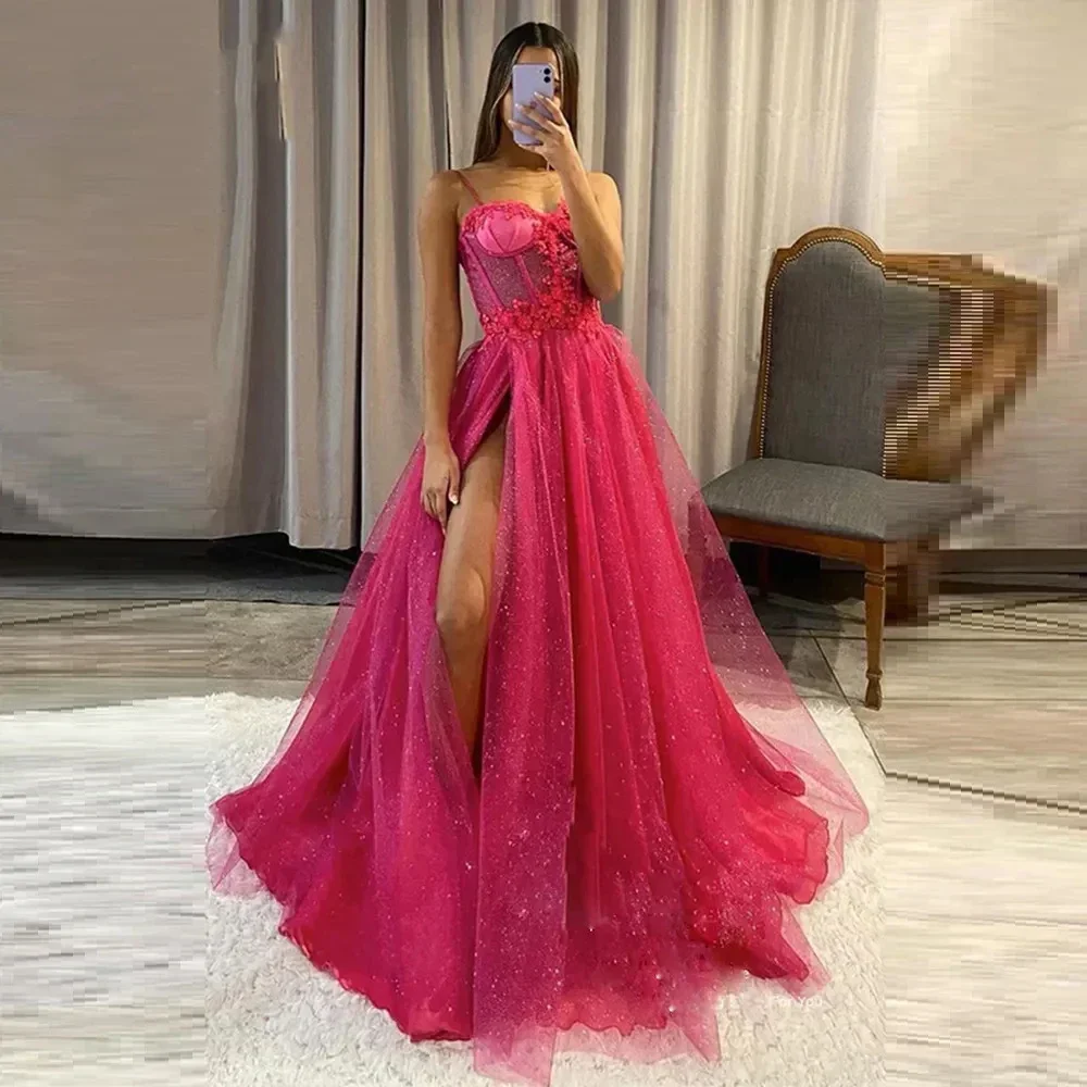 Glitter Tulle Prom Dress Long Ball Gown Spaghetti Straps Lace Appliqued 3D Flower Slit Bridesmaid Dresses Sexy Cocktail party
