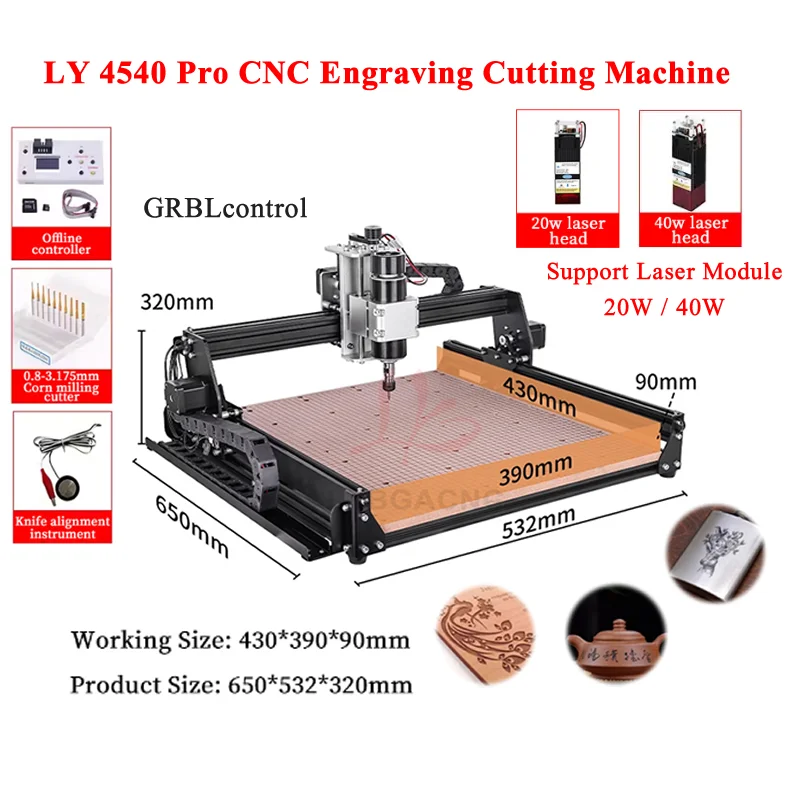 LY 4540 Pro CNC Engraving Cutting Machine 500W Spindle With Offline Controller Support Laser Module 20W 40W Rotary Axis Options