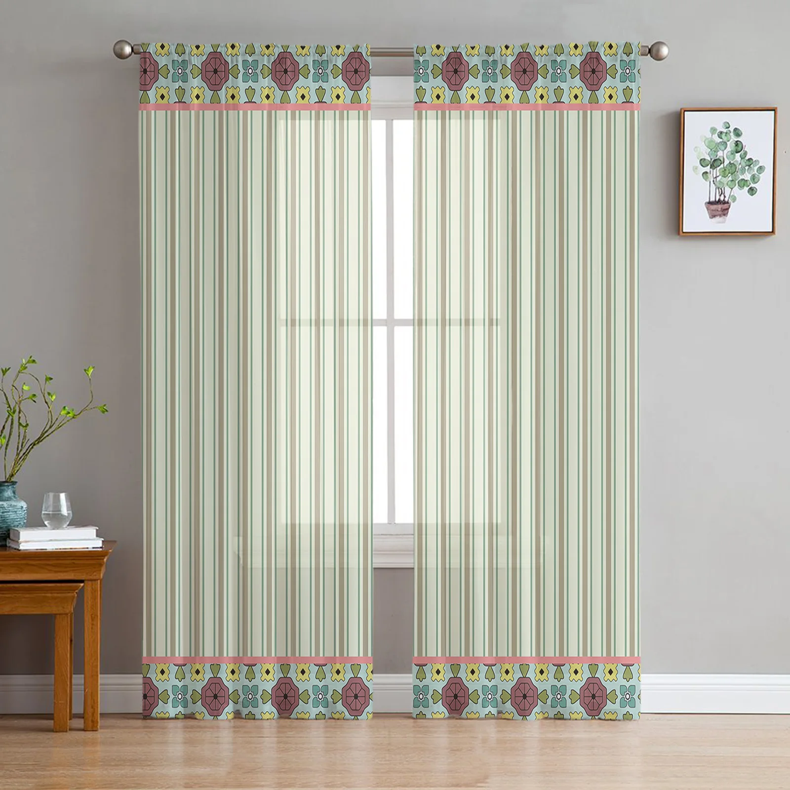 

Floral Stripes Tulle Curtains for Living Room Sheer Curtain for Bedroom Christmas Blinds Voile Curtains