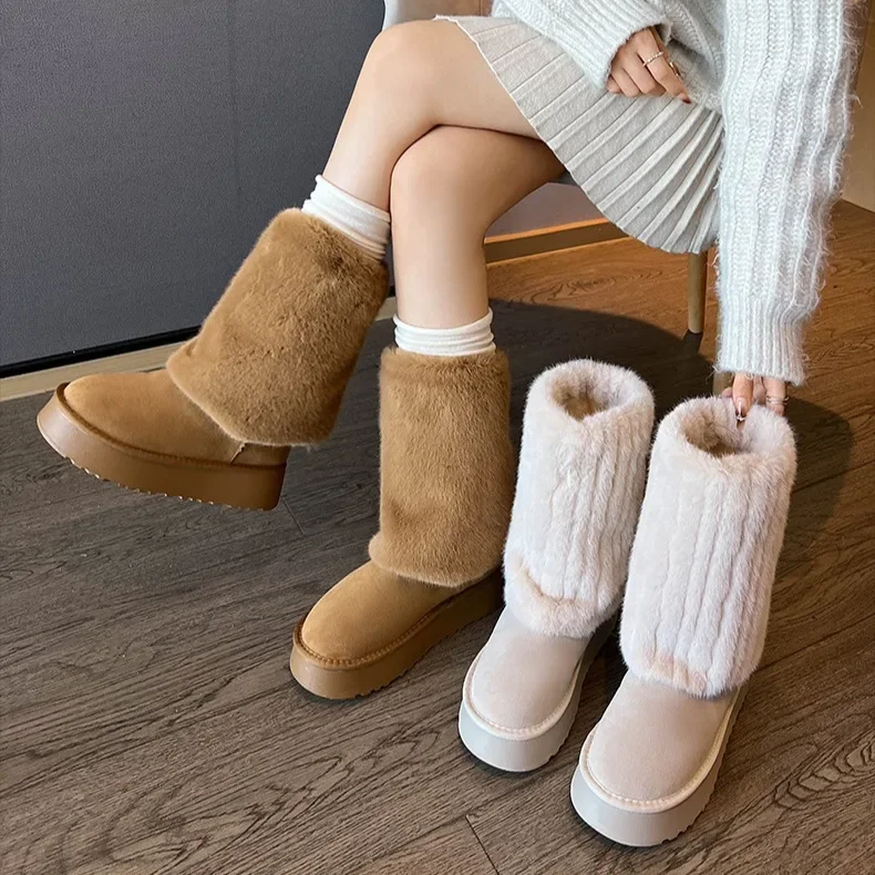 2023 New Brown All-match Warm Non-slip Thick Snow Boots Women's Winter Plus Fleece and Thick Woolen Cotton Shoes platform boots