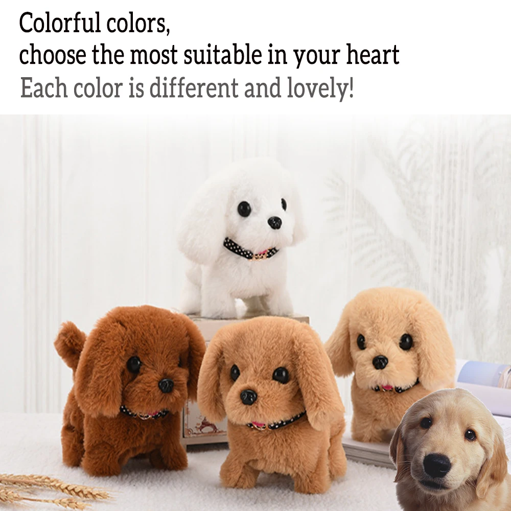 Battery-operated plush puppy toy walking, barking, and wagging tail – interactive electronic pet companion for kids.