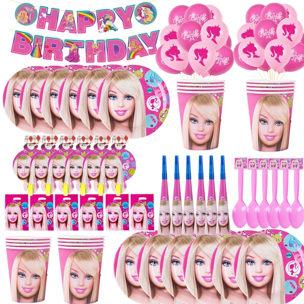 

Pink Barbieed Birthday Decoration Cartoon Theme Party Supplies Tableware Plate Cup Balloons Happy Princess Girls Deco Baby Showe