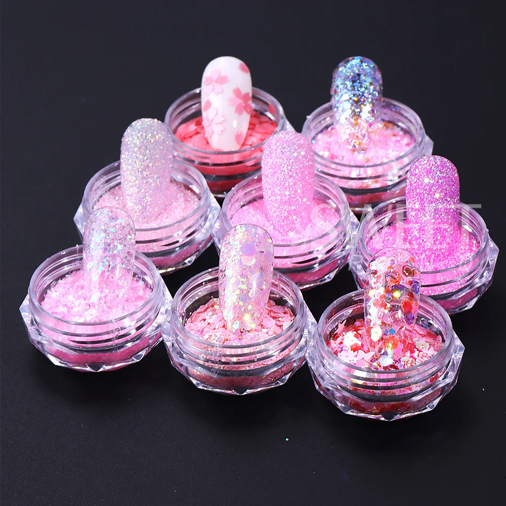 8pcs/set Pink Sugar Glitter Nail Powder Mixed Holographic Hexagon Irregular Nail Art Flake Sequins Pigment Manicure Decoration