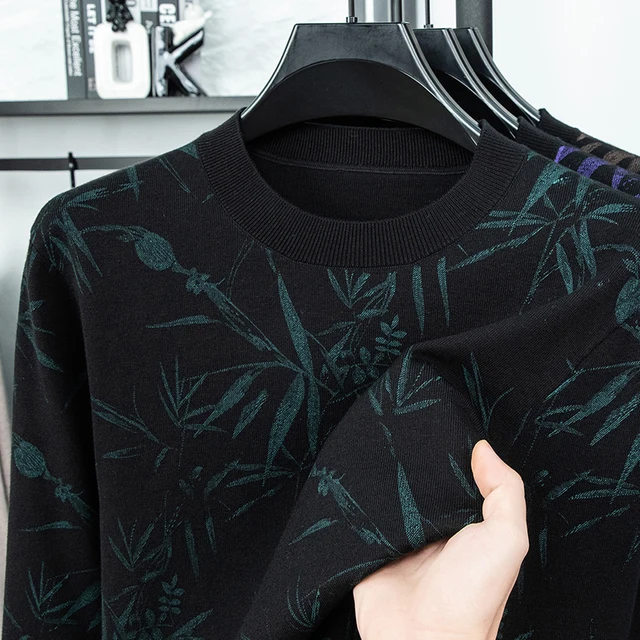 Suéter de punto de lujo para hombre, jersey con estampado de hojas de bambú y manga larga con cuello redondo, moda informal clásica para otoño e invierno