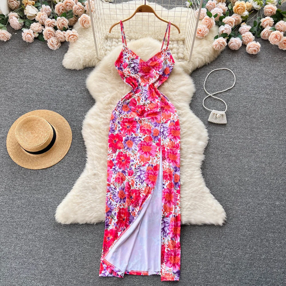 

Foamlina Women Floral Dress Summer 2023 Elegant V-neck Spaghetti Strap Sleeveless Backless Slim Split Party Holidays Maxi Dress