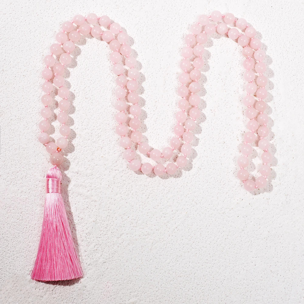8 mm Rosenquarz-Perlen, geknotet, 108 Mala-Halskette, Meditation, Yoga, Gebetsschmuck, Japamala-Rosenkranz für Frauen