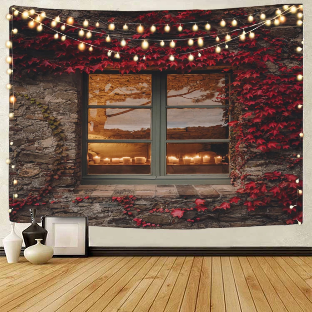 Beautiful door and window background decoration tapestry, small bridge outside the window, flowing water decoration tapestry