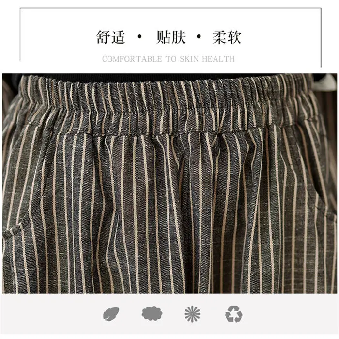 Retro Stripe Cotton And Linen Suit 2024 Women's Autumn Temperament Casual Wide Leg Harem Pants Loose Oversized 2 Piece Set K2478