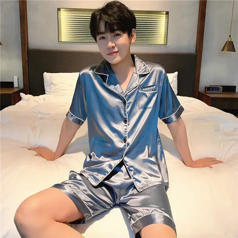 

Wear Night Mens Satin Home Silk Loungewear For Sleepwear Short Pijama Pajamas Big Sets Man Sleeve Pajama Shorts Summer Size New