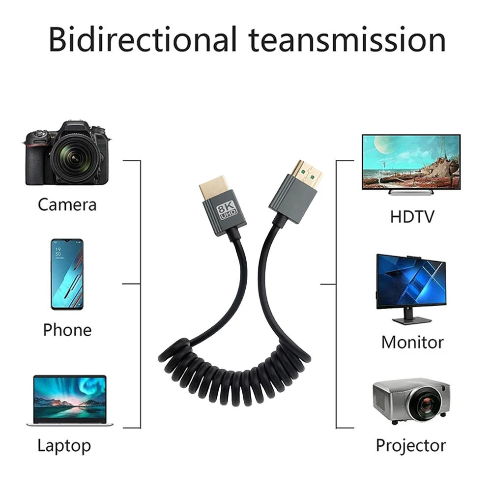 8K HDMI-Compatible Coiled Cable 48Gbps To Mini/Micro HD Cable For Camera Camcorder PC Monitor