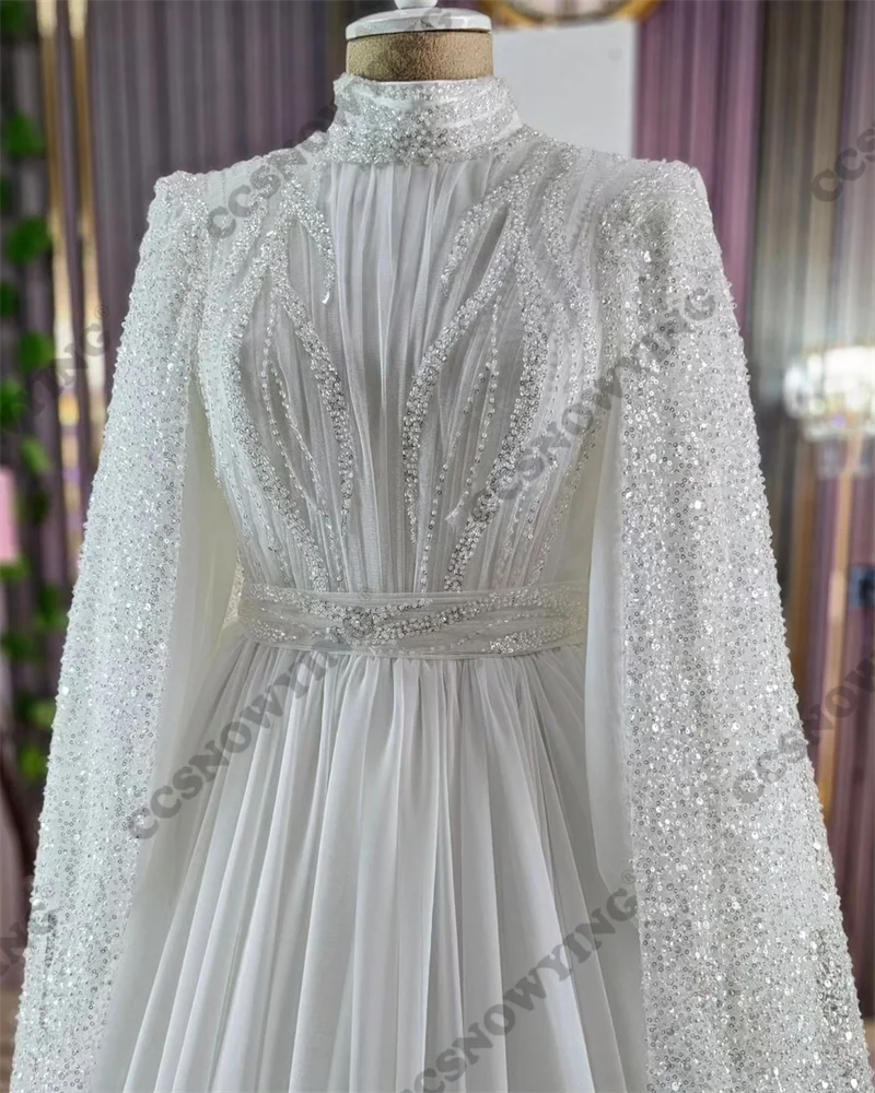 Chiffon Beaded Long Sleeve Muslim Wedding Dress for Bride Hijab Islamic Bridal Gowns High Neck Women Arabic Dubai Robe De Mariée 4