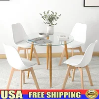 5-Piece Modern Dining Table Set Round Tempered Glass Table 4 High Back Chairs Ergonomic Design Space Saving Easy Assembly Dining 1