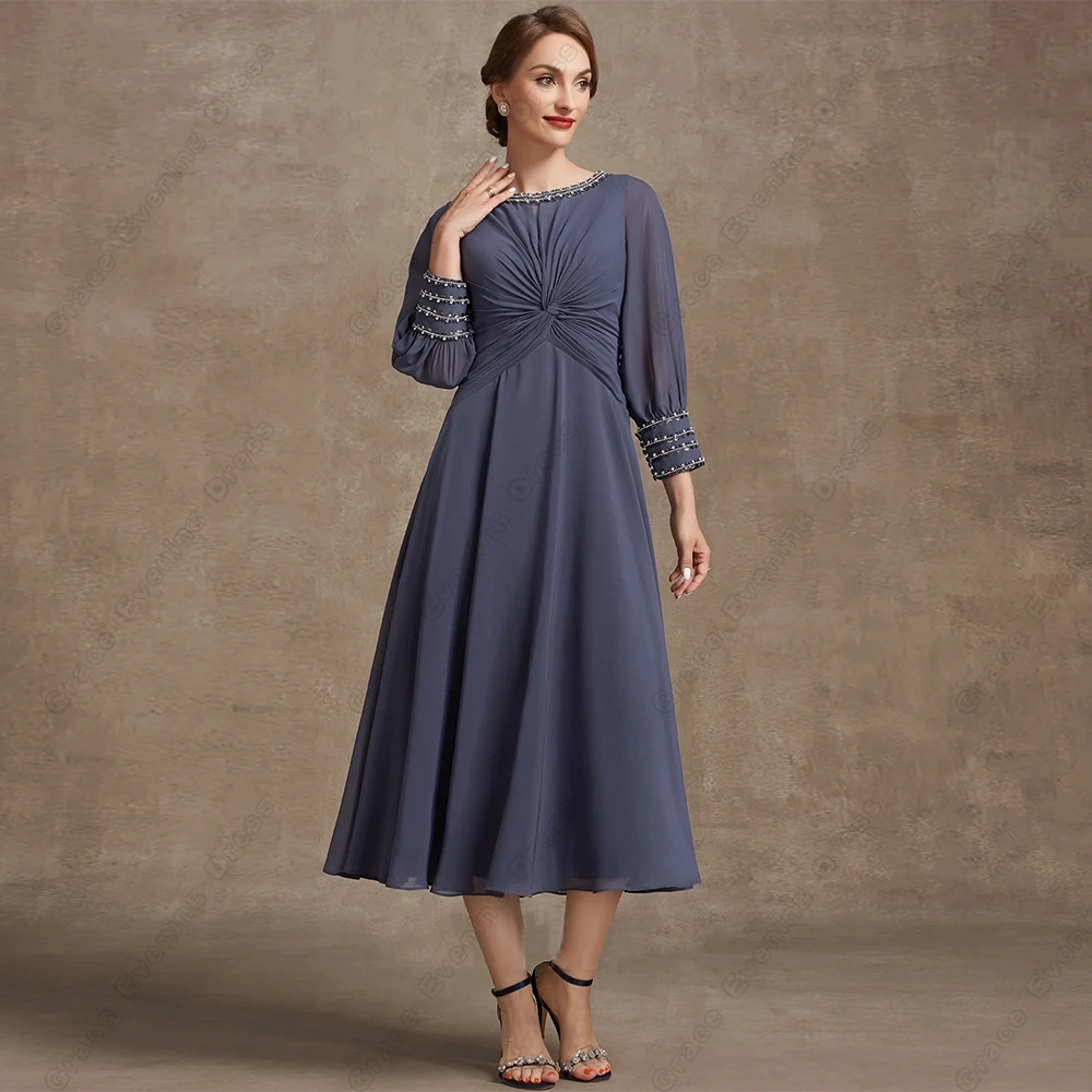

Scoop Three Quarter Mother of Bride Dresses for Women Ankle Length 2024 SUmmer Beading Wedding Party Dresses Robe De Soirée