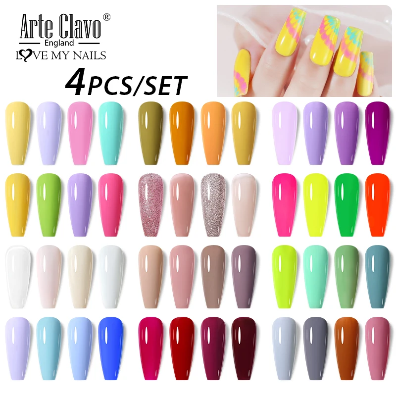 

Arte Clavo 4PCS Gel Nail Polish Set Semi Permanent Soak Off Glitter Classic Varnish Kit Needed LED UV lamp Base Top Coat Lacquer