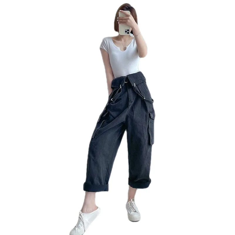 Denim Jumpsuits Women High Waisted Cargo Trousers American Streetwear Teens Hipsters Pure Big Pockets Vintage Jean Wholesale