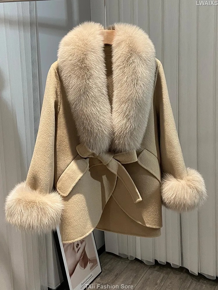 

2023 New Winter Autumn Women Woolen Jacket Real Big Fur Trim Collar High-end Cashmere Blends Luxury Fashionable Cloak