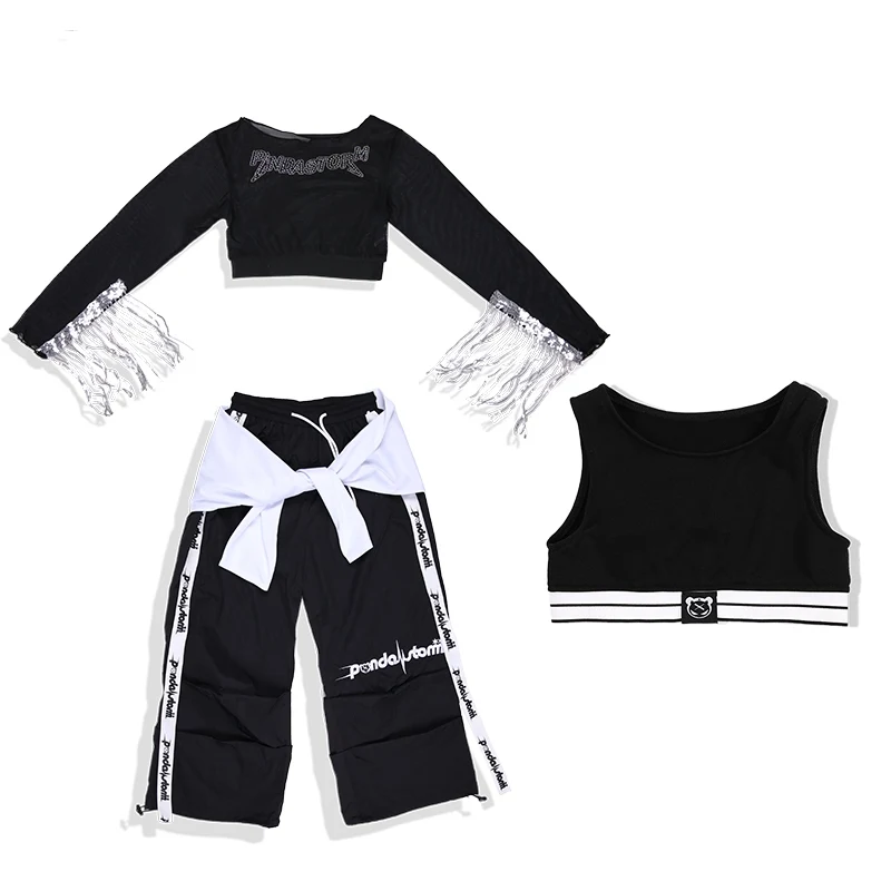 Kids Girls Hip Hop Clothes Jazz Dance Costume Tassel Tops Feather Skirt Black Pants Kpop Performance Outfits Stage Wear BL13792