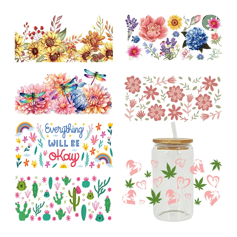 UV DTF Flowers, cacti Transfer Happy Juice Printed Sticker For The 16oz Libbey Glasses Wraps Bottles D8600