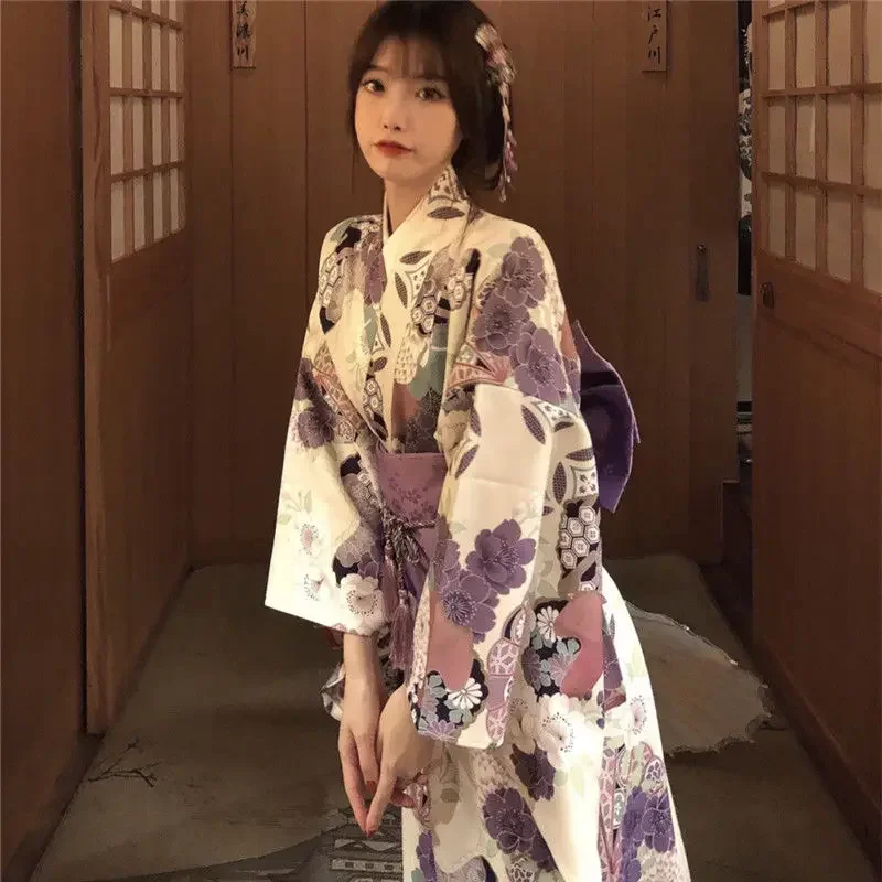 

Fashion National Trends Women Sexy Kimono Yukata Dress With Obi Novelty Evening Dress Japanese Cosplay Costume Floral One Size