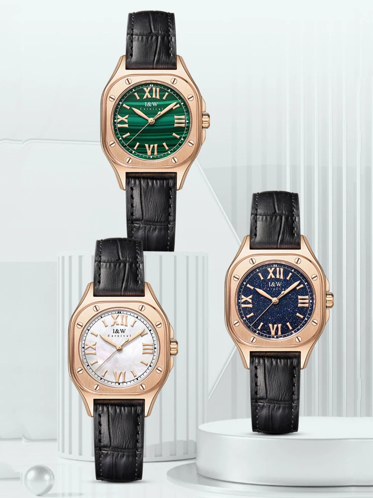 Carnival High Quality Classic Retro Women's Square Green Quartz Watch Women's Clock Luxury Style Sapphire Crystal Wristwatch