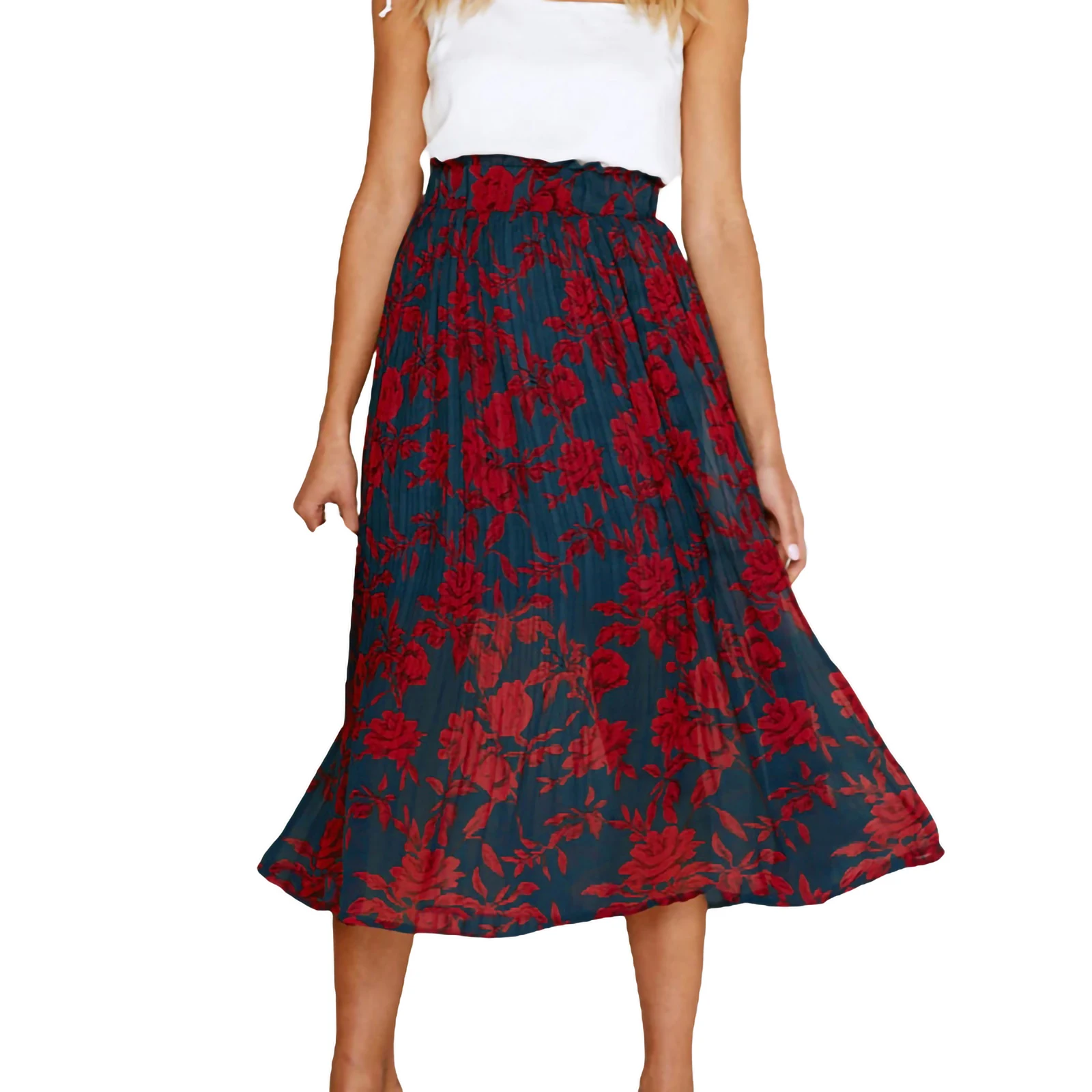 

Womens Fashionable Long Skirt Ladies Elastic Band Flower/Dot Print Pleated Casual A-Line Skirt