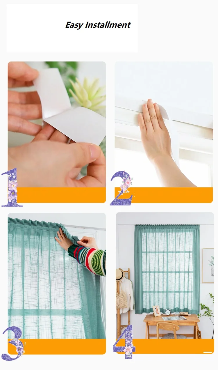 Premium Linen Texture Magic Paste Curtains Easy Install Solid White Tulle Door Kitchen Window Drapes Sheer Solid Grey Cortinas