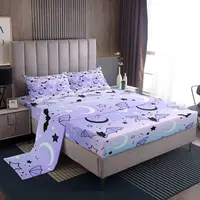 Halloween Sheet Set with Deep Pocket Fitted Sheet for Boys Girls Children Bat Moon Star Print Purple Gradient Style Room Decor 1