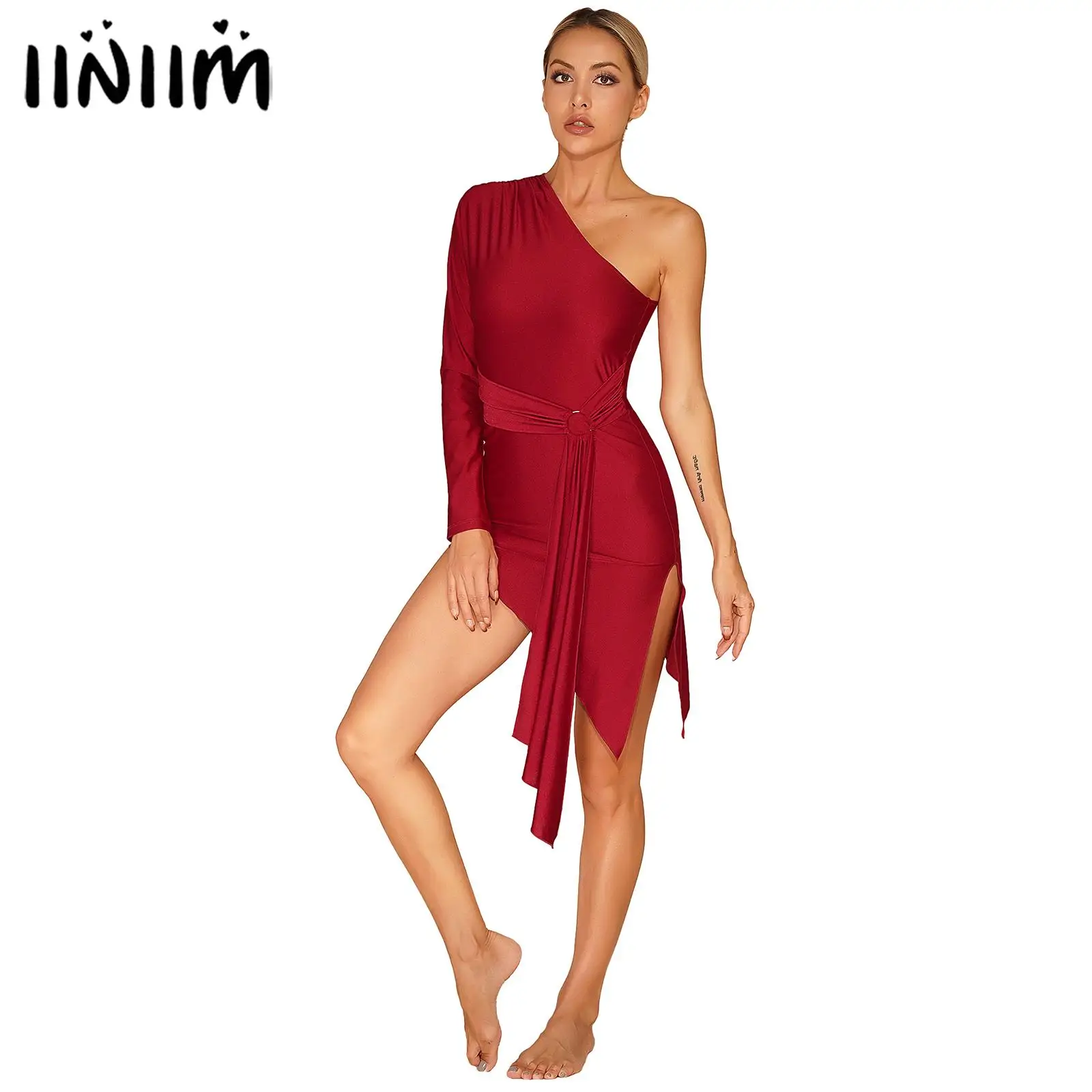 

Womens Latin Rumba Ballroom Dance Costume One Shoulder Dress Long Sleeve Hem Belted Dresses for Latin Tango Samba Cha-Cha Dress
