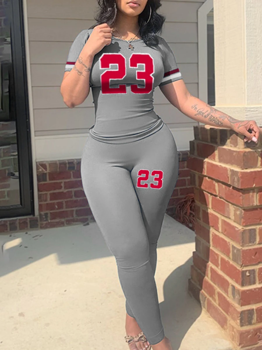 Plus Size Women Summer Casual Loose 2 Piece Set Letter Print Pocket Design Pants Set Short Sleeve