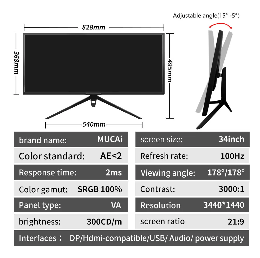 MUCAI WQHD ũž LED ̸ , 34 ġ , 100Hz ̵ VA ÷ 21:9, 3000:1 ǻ ȭ DP, 3440x1440